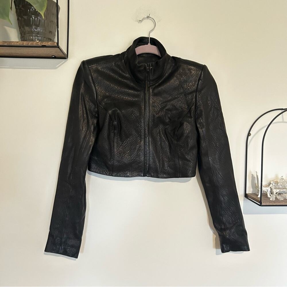 Theyskens’ Theory Black Lambskin Leather Silk Lined Cropped Moto Jacket P/0/00